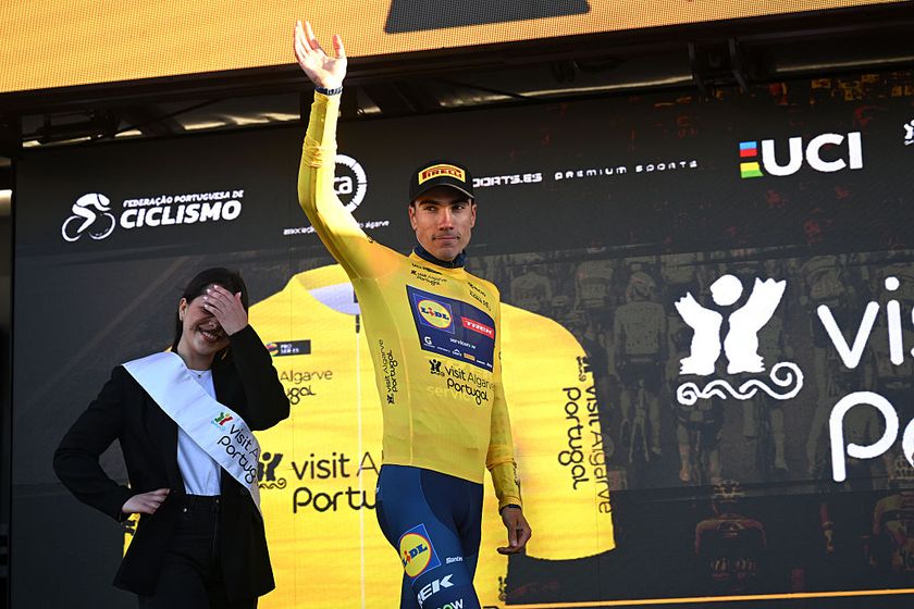 FOIA, PORTUGAL - FEBRUARY 19: Juan Ayuso of Spain and Team Lidl - Trek celebrates at podium as Yellow Leader Jersey winner during the 52nd Volta ao Algarve em Bicicleta 2026, Stage 2 a 183.5km stage from Portimao to Foia (Monchique) 882m on February 19, 2026 in Foia, Portugal. (Photo by Dario Belingheri/Getty Images)