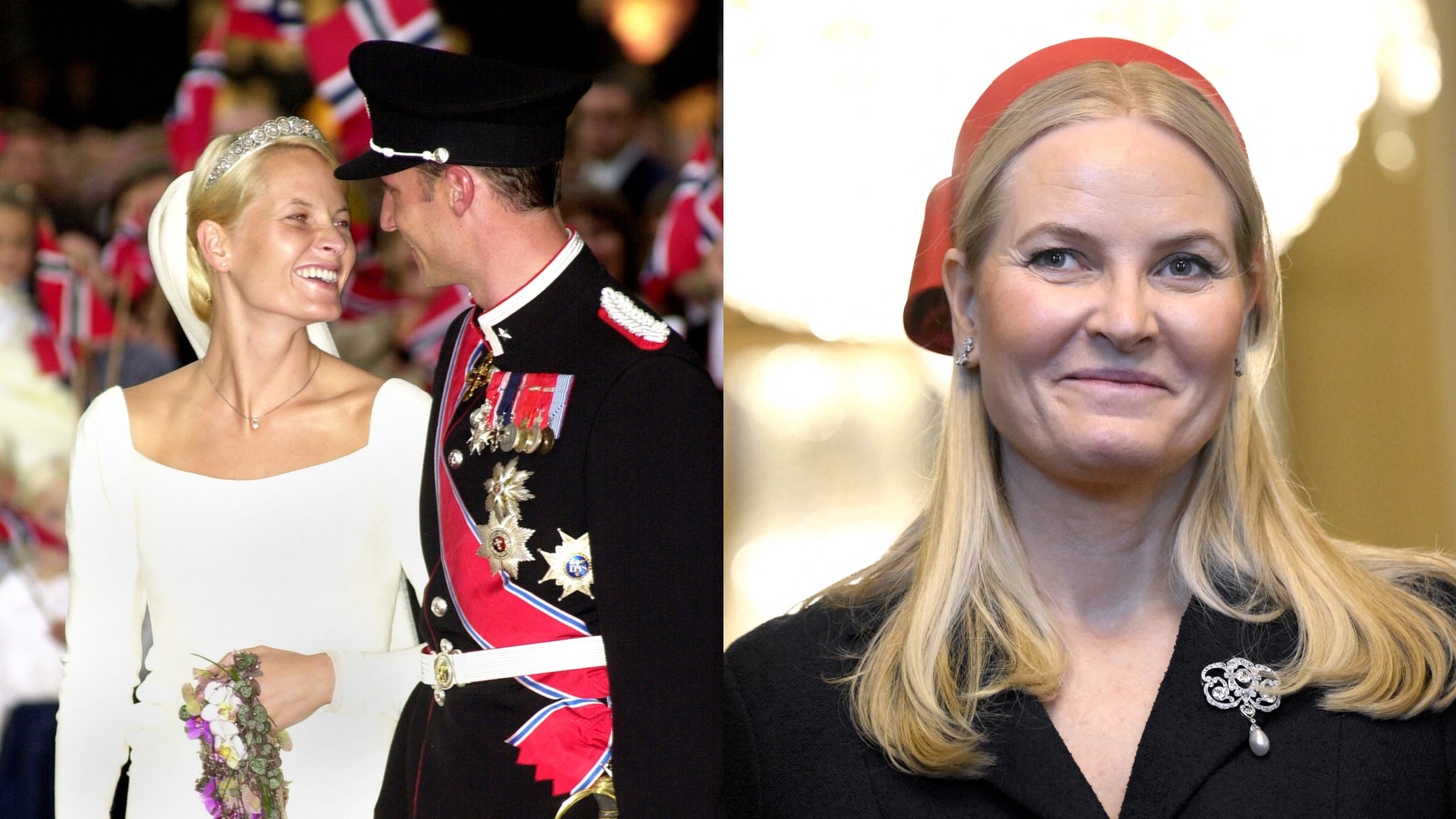 A split of Queen Mette-Marit and King Haakon's wedding day and an image of Mette-Marit smiling in a red hat and black blazer