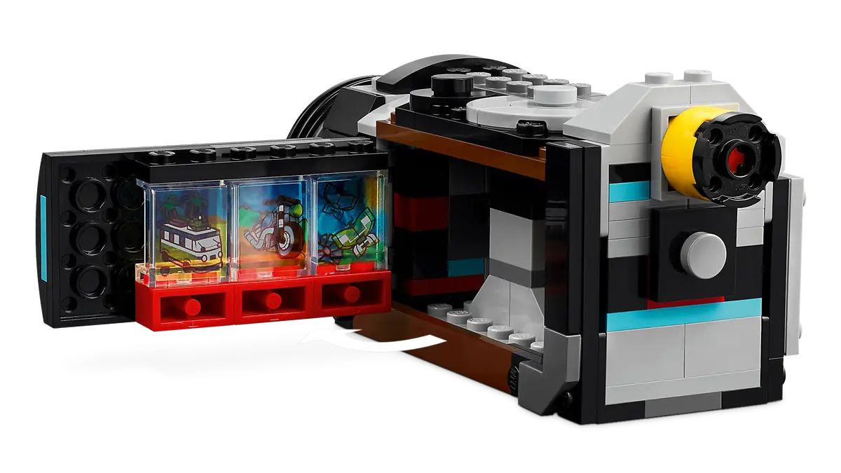 Completed video camera from Lego Retro Camera set on white background