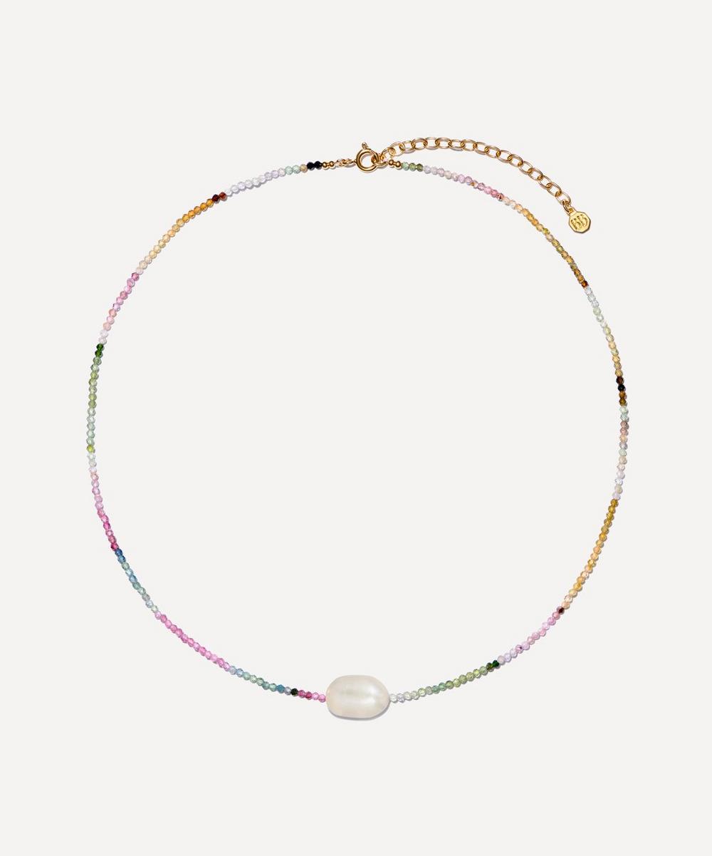 14ct Gold-Plated Vermeil Brass Tourmaline and Pearl Necklace