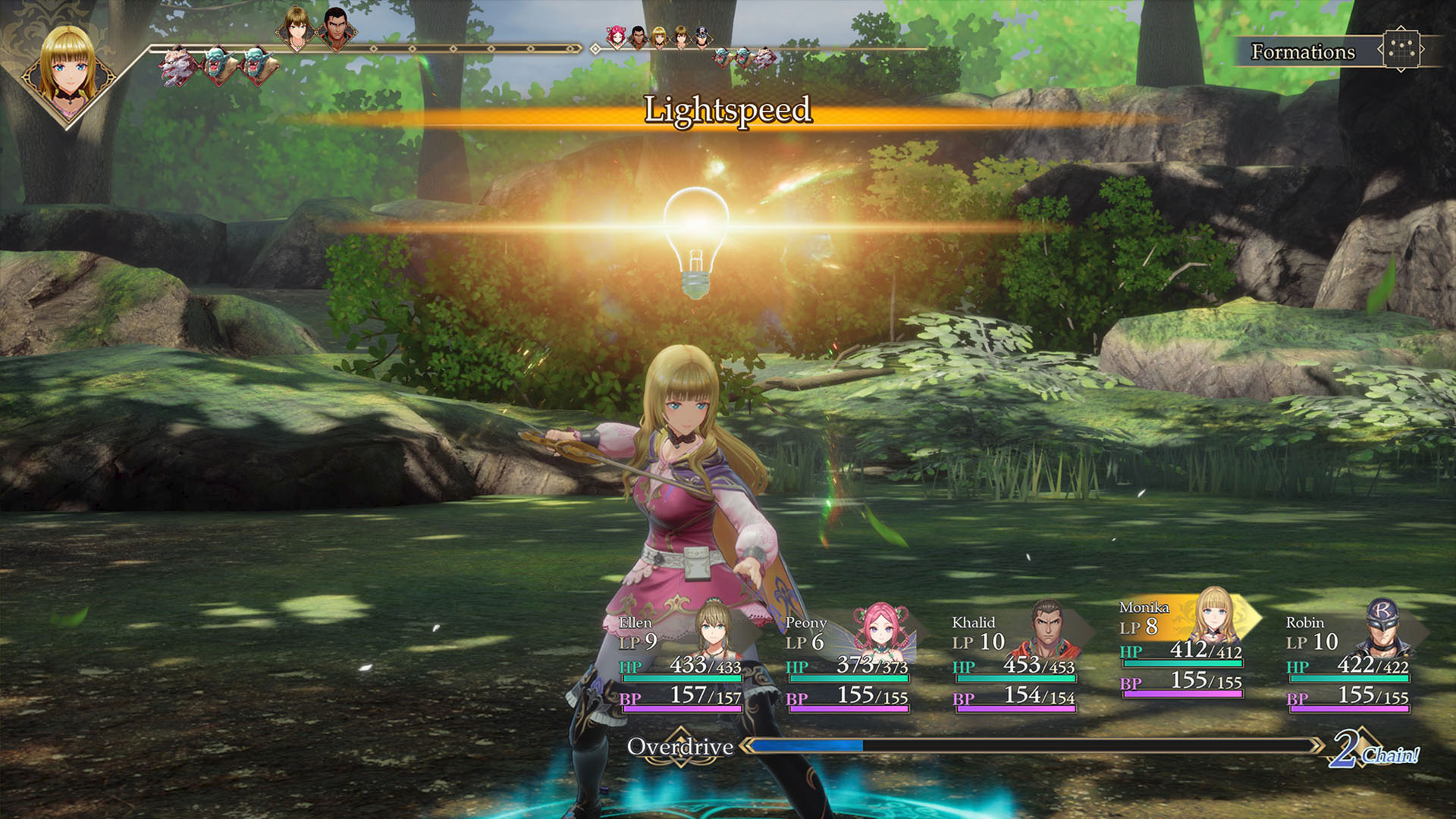 Monika has an idea while using Lightspeed in battle in Romancing SaGa 3: Destinies United