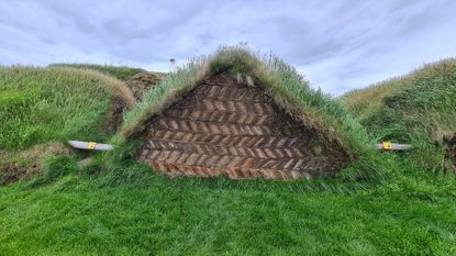Glaumb&aelig;r in Skagafj&ouml;r&eth;ur, house within landscape with grass roof, a typical example of Icelandic turf houses
