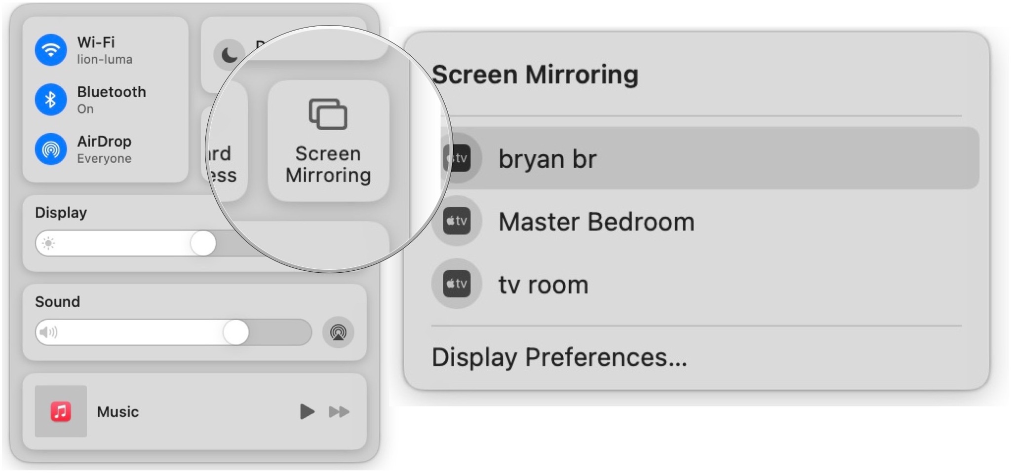 Um AirPlay Mirror von Ihrem Mac aus zu starten, klicken Sie auf das Control Center-Symbol auf der rechten Seite der Menüleiste Ihres Macs.  Wählen Sie Bildschirmspiegelung.  Klicken Sie in der Dropdown-Liste auf Ihr Apple TV (wenn Sie mehrere Apple TVs in der Nähe haben, wählen Sie dasjenige aus, das Sie gerade verwenden möchten).
