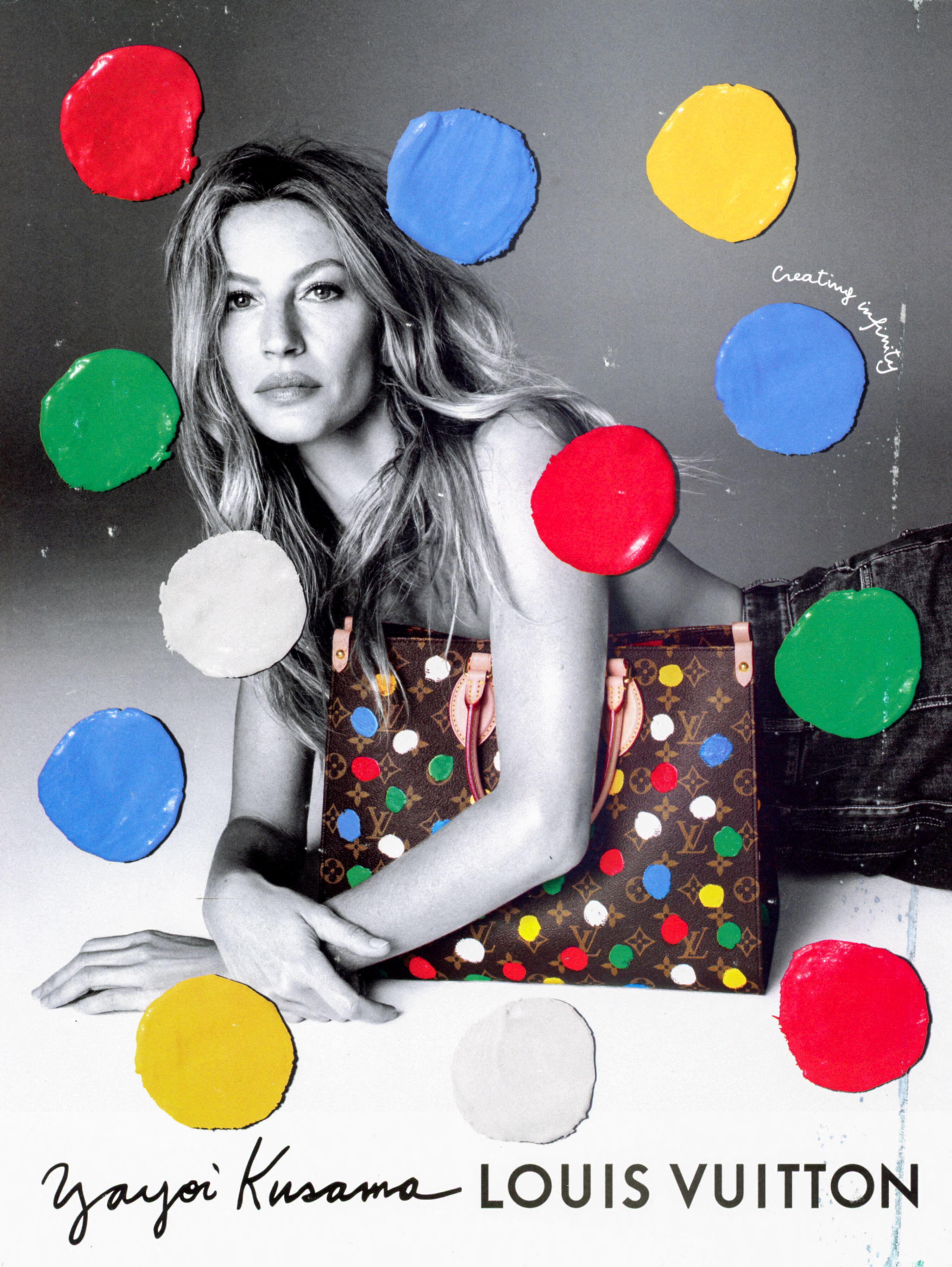 A black and white fashion ad by Yayoi Kusama for Louis Vuitton with colourful dots placed over the image