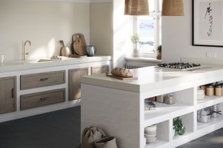 White stone kitchen with cream details