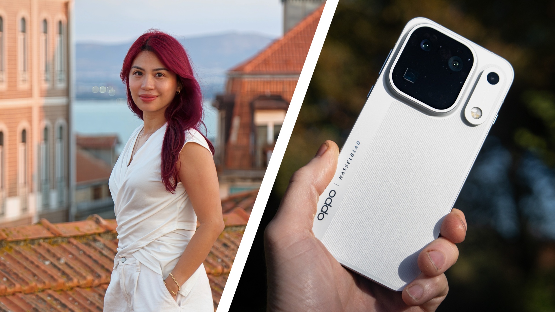 Portrait of a woman with pink hair dressed in white jumpsuit, at golden hour, among rooftops in Lisbon, Portugal (left), the Oppo Find X10 Pro Max in user's hand (right)