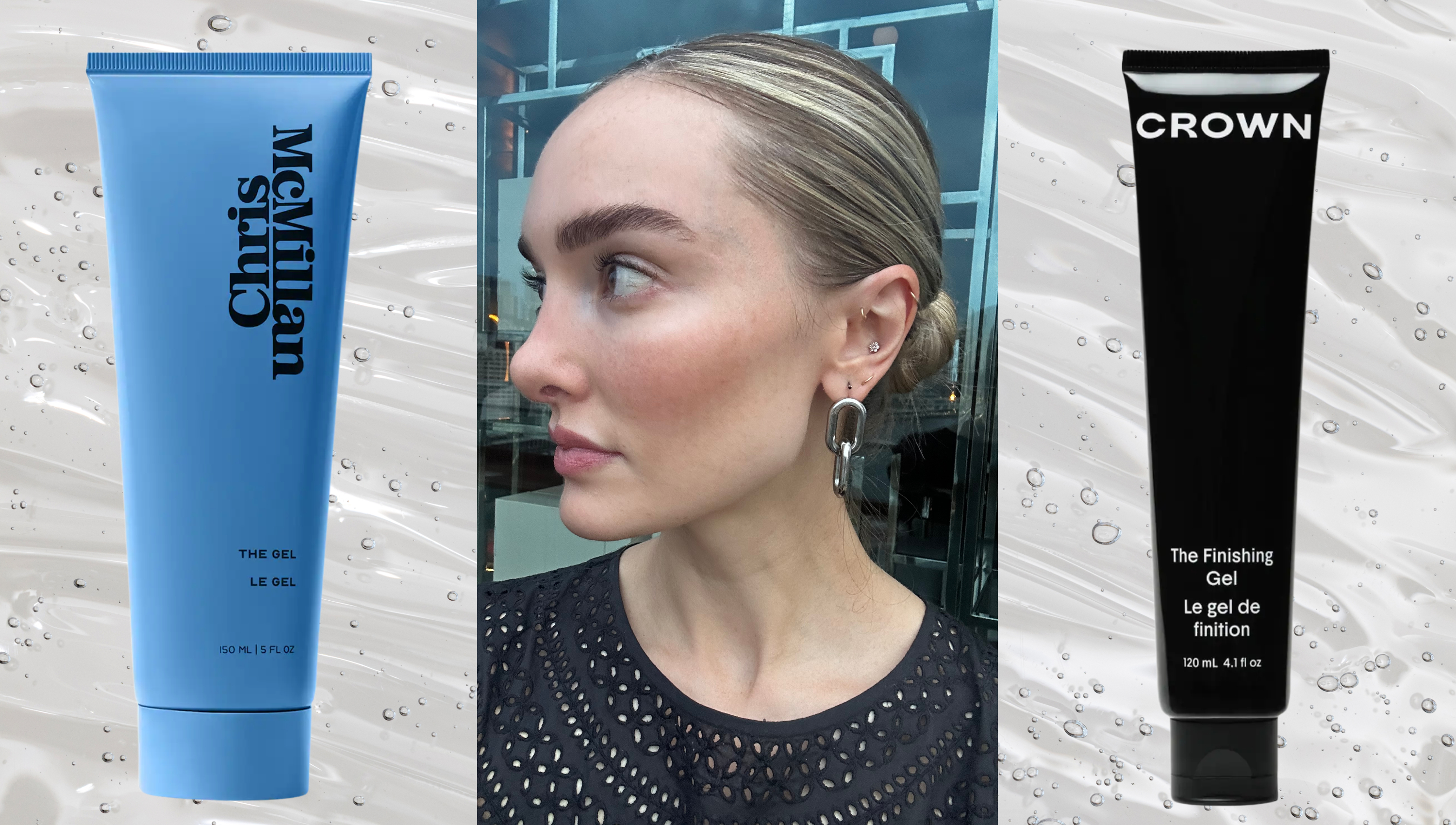 a woman with blonde hair wearing a slick back bun with a black top in a side profile shot