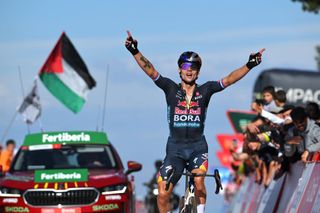 ALTO DE MONCALVILLO SPAIN SEPTEMBER 06 Primoz Roglic of Slovenia and Team Red Bull Bora hansgrohe celebrates at finish line as stage winner taking the lead of the race during the La Vuelta 79th Tour of Spain 2024 Stage 19 a 1735km stage from Logrono to Alto de Moncalvillo 1490m UCIWT on September 06 2024 in Alto de Moncalvillo Spain Photo by Tim de WaeleGetty Images