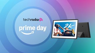 The Pexar 11-inch Digital Picture Frame in front of a gradient background of magenta and teal featuring the words 'Prime Day'.