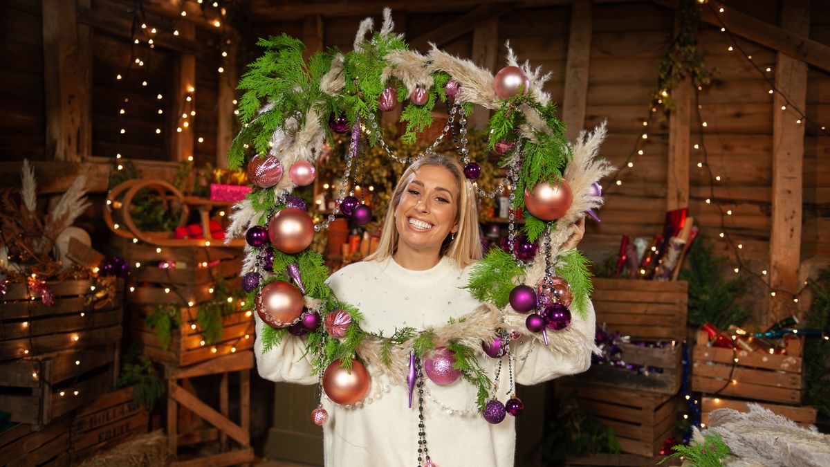 Stacey Solomon holding a wreath for Stacey Solomon&#039;s Crafty Christmas 2023