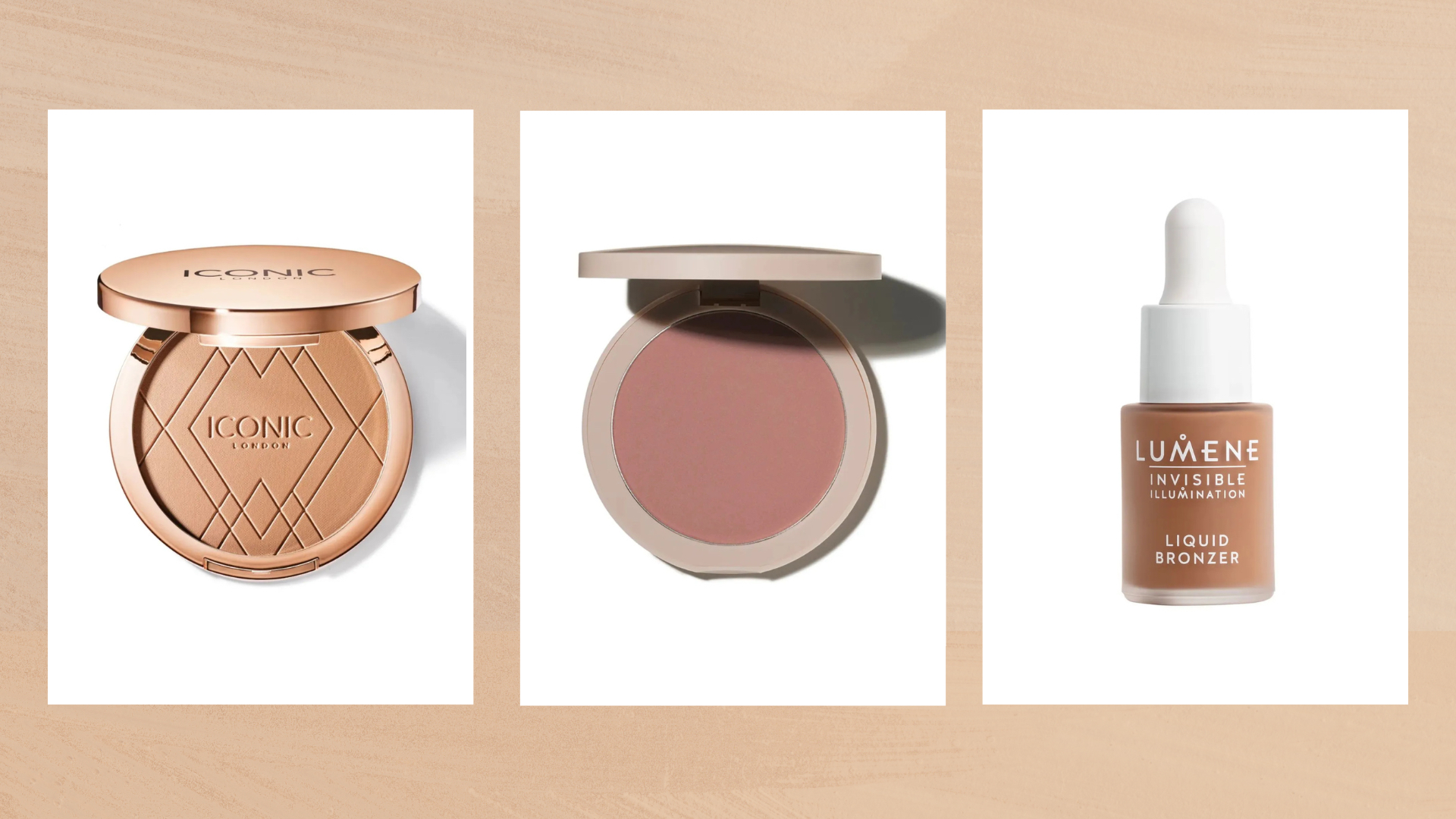 Collage of three of the best bronzers for pale skin featured in this guide from (left to right) Iconic London, Jones Road and Lumene, set against a warm beige background 