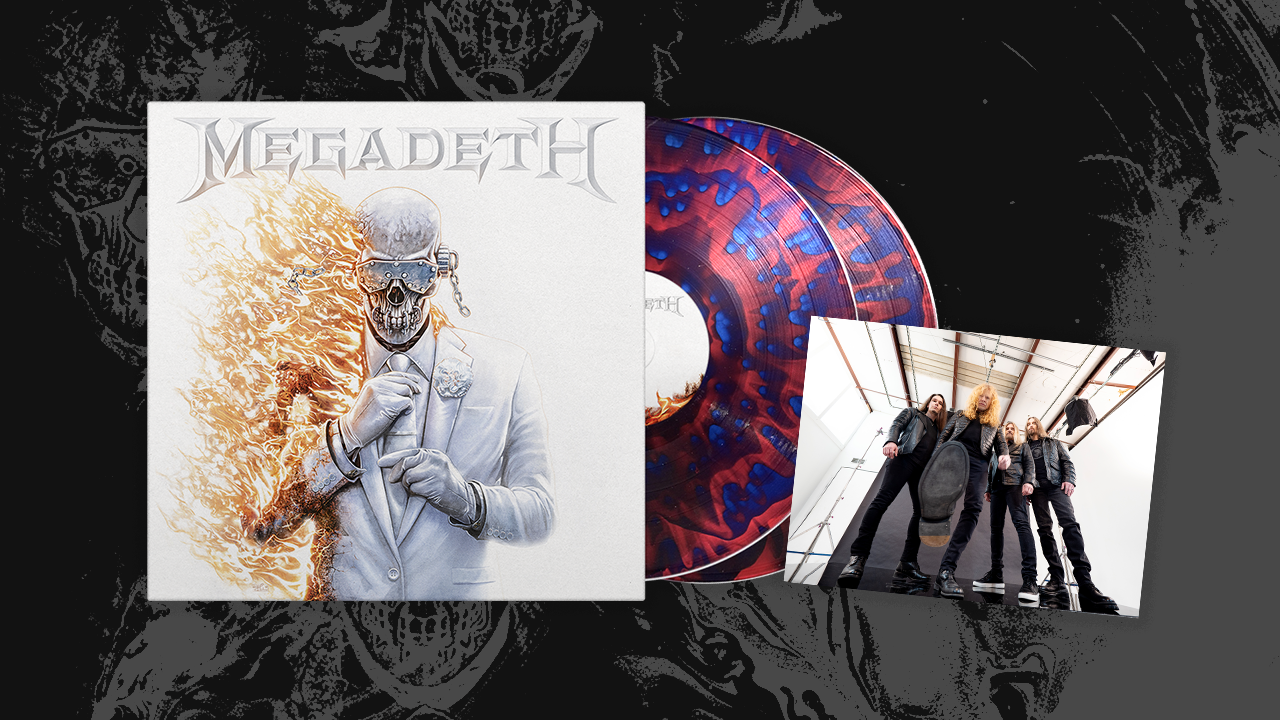 Megadeth vinyl next to an art card featuring the four band members