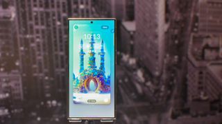 Samsung Galaxy S24 Ultra med AI-gerereret baggrund