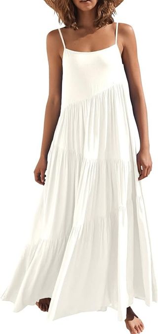 ANRABESS, Anrabess Women Summer Casual Loose Sleeveless Sundress Spaghetti Strap Flowy Boho Linen Beach Vacation Maxi Long Dress 2024 White Small