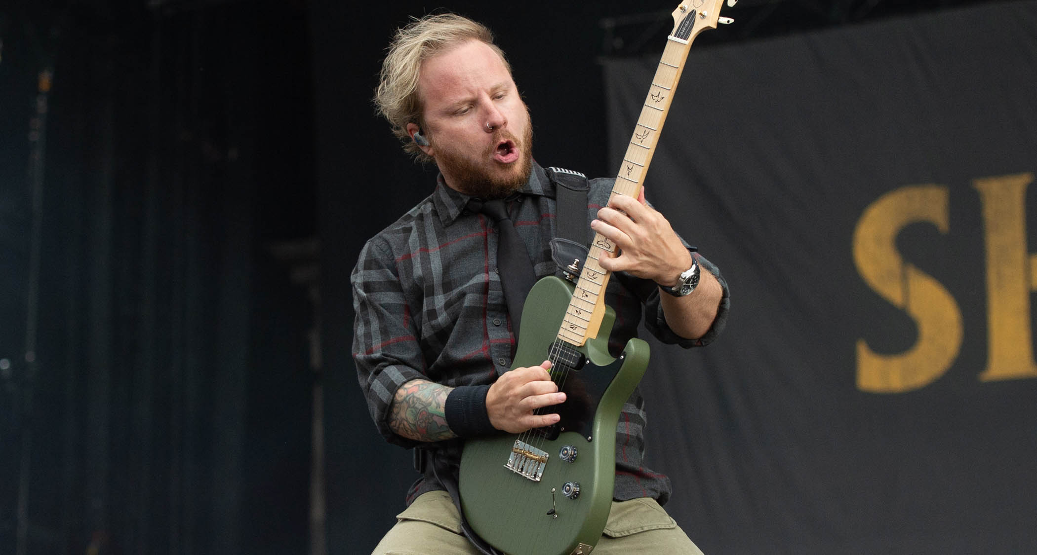 Zach Myers of Shinedown plays a hunter green PRS NF53 live onstage at Download Festival 2025.