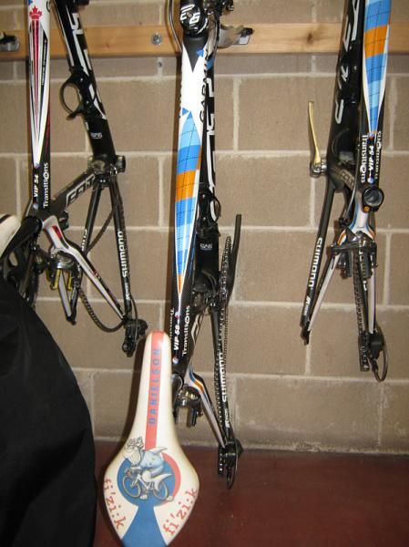 Some of the bikes Garmin-Transitions keep in their service course for their VIP guests. Somebody is clearly a Tom Danielson fan