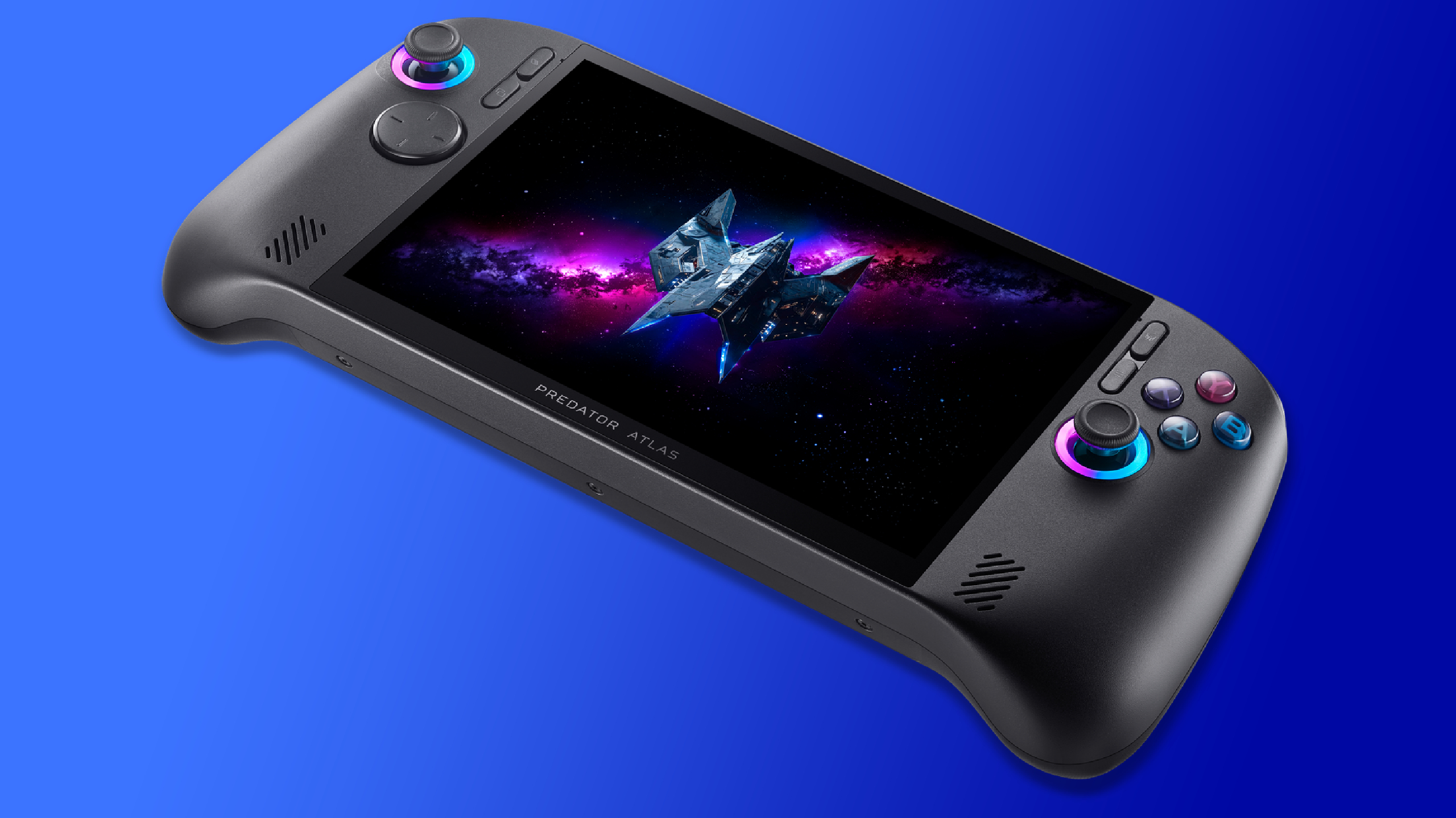 An Acer Predator Atlas 8 handheld gaming PC on a blue background.