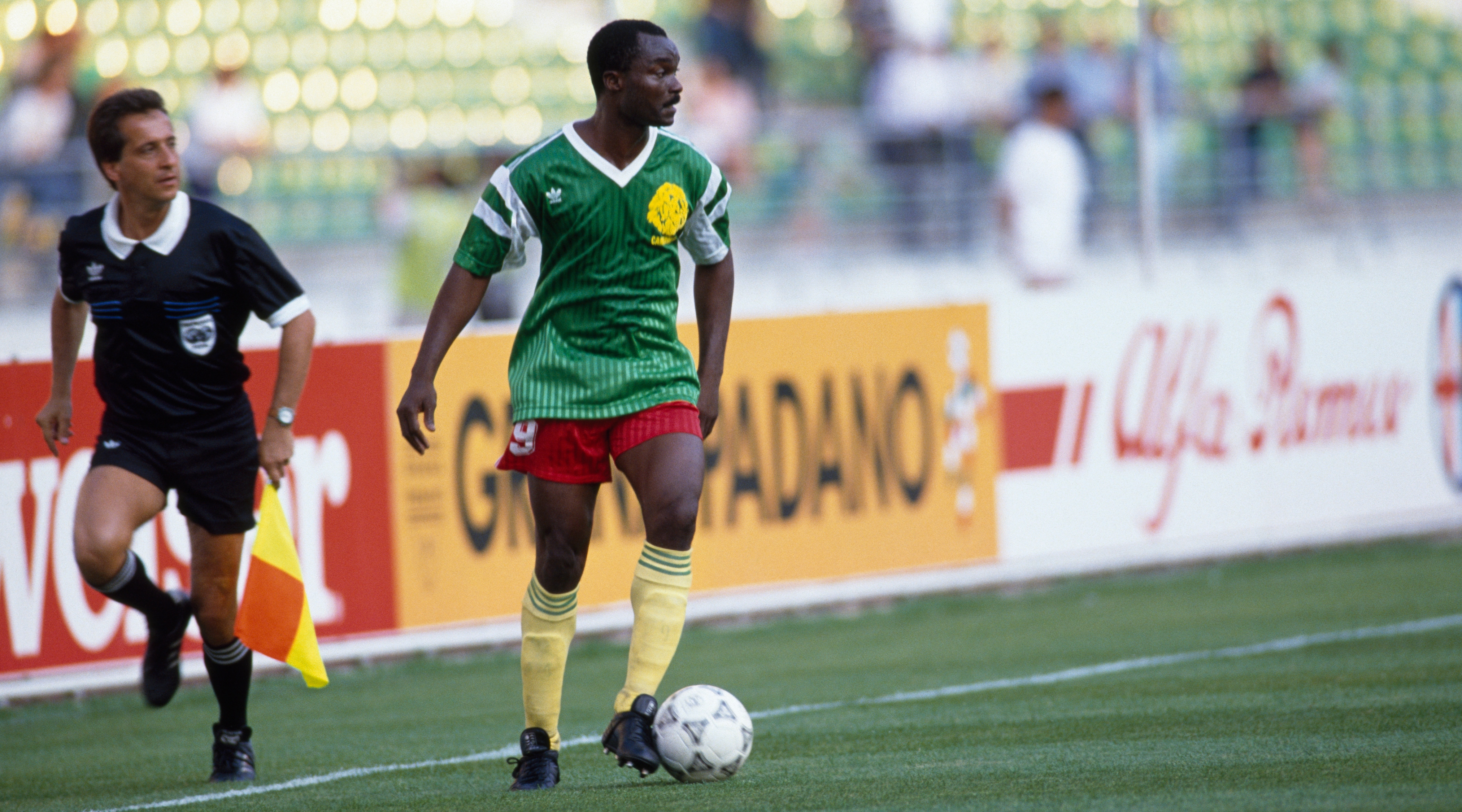 Roger Milla of Cameroon in action during a first round match of the 1990 FIFA World Cup against Romania. Cameroon won 2-1. (Photo by RENARD eric/Corbis via Getty Images)