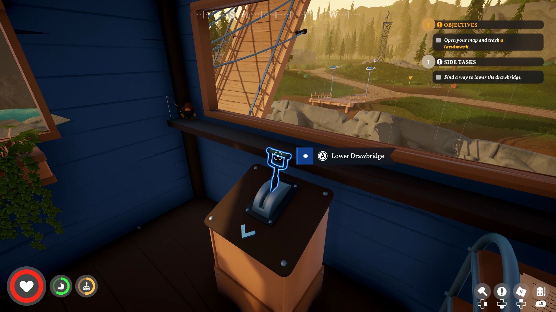 Outbound - A lever interaction shows "lower drawbridge" from a control station above the bridge