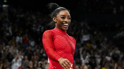 Simone Biles reacts after competing in the artistic gymnastics women&#039;s vault final during the Paris 2024 Olympic Games at the Bercy Arena in Paris, on August 3, 2024.