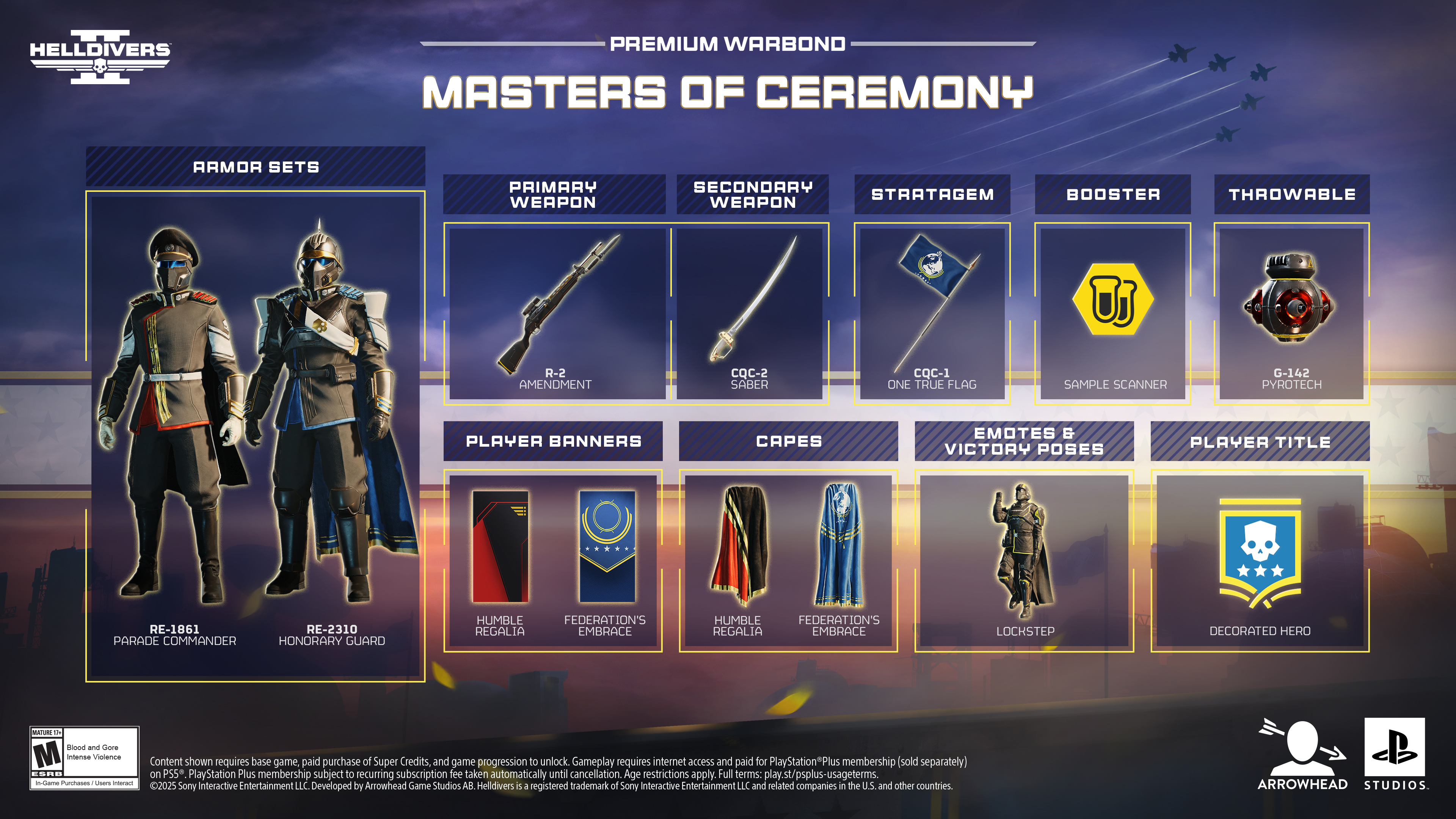 The Masters of Ceremony update for Helldivers 2, displaying all the weapons and stratagems therein.
