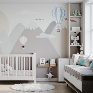 nursery with balloon and mountain wall mural