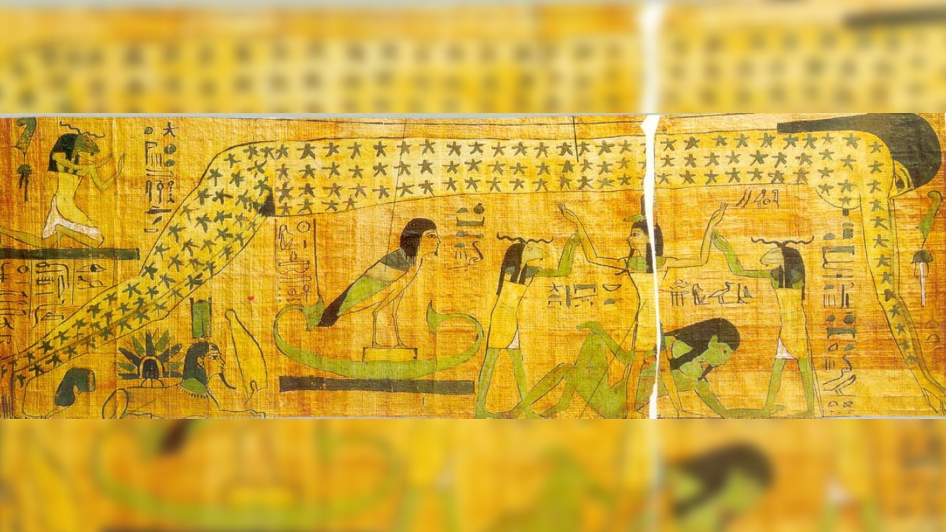 a depiction of an egyptian goddess stretched out forming the sky above depictions of other people. stars cover her entire body