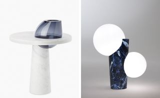 Left: a piece of blue, blown glass set into a marble table. Right: Two white orb lights set into a blue marble stem