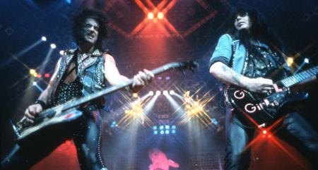 Nikki Sixx and Mick Mars onstage in the '80s