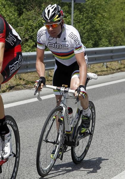 World champion Cadel Evans (BMC Racing) on the wheel of a teammate.