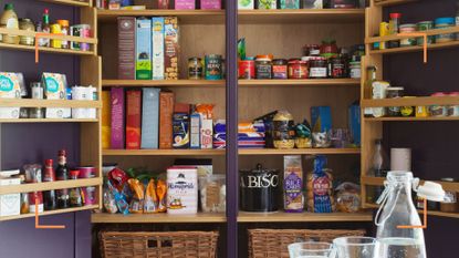 navy blue pantry with doors open to show the ingredients needed to master how to build a capsule kitchen