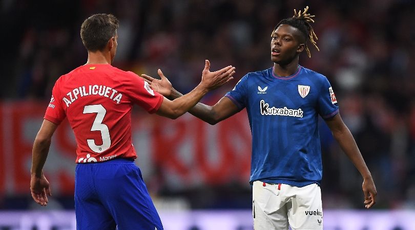 Atletico Madrid&#039;s Cesar Azpilicueta and Athletic Club&#039;s Nico Williams during a LaLiga game at the Metropolitano in April 2024.