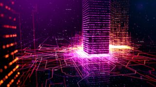 An abstract cityscape formed of glowing orange and purple lines and dots representing energy prices and data centers.