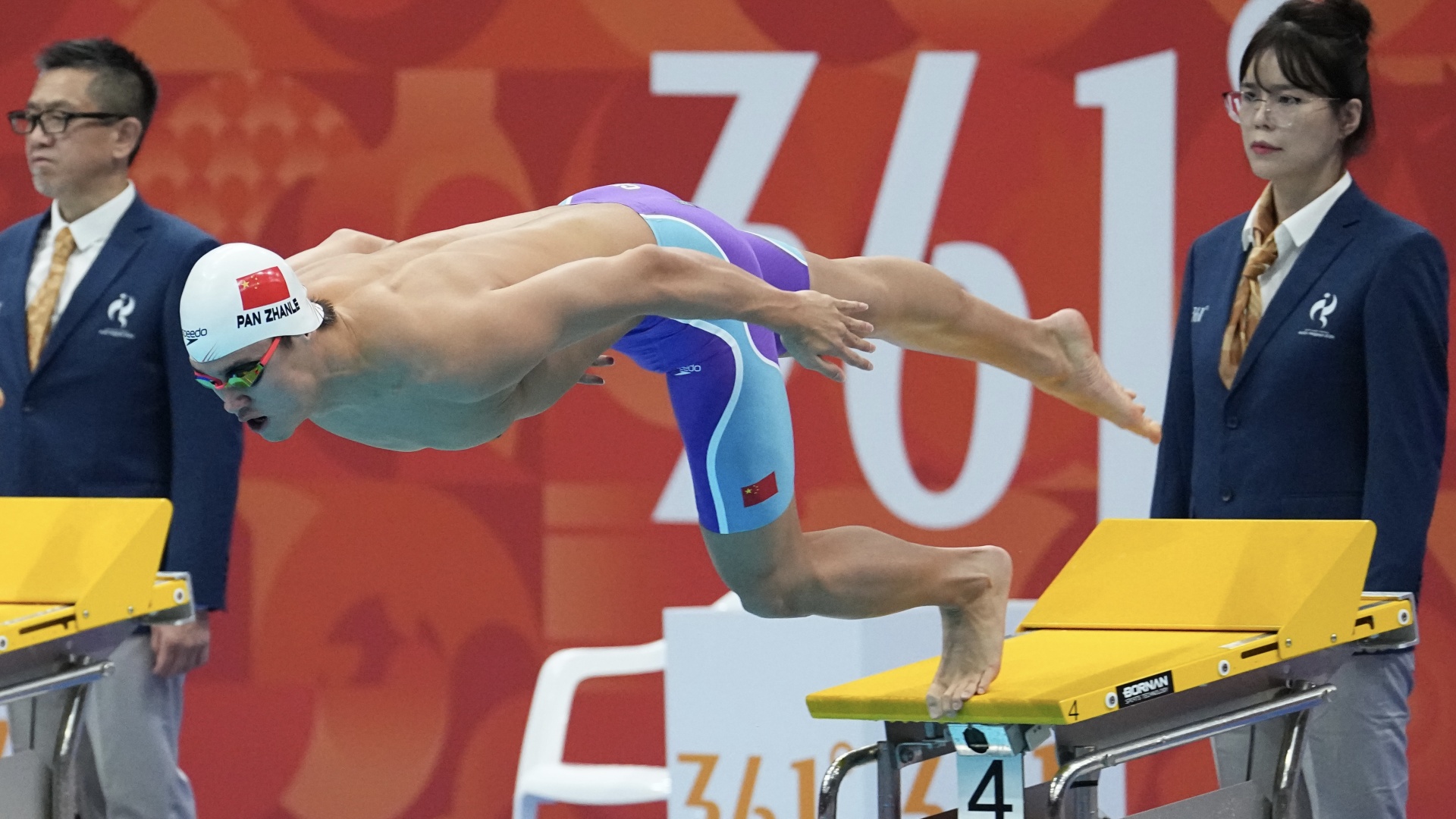 Team China swimmer Pan Zhanle diving into the pool at Asian Games 2026