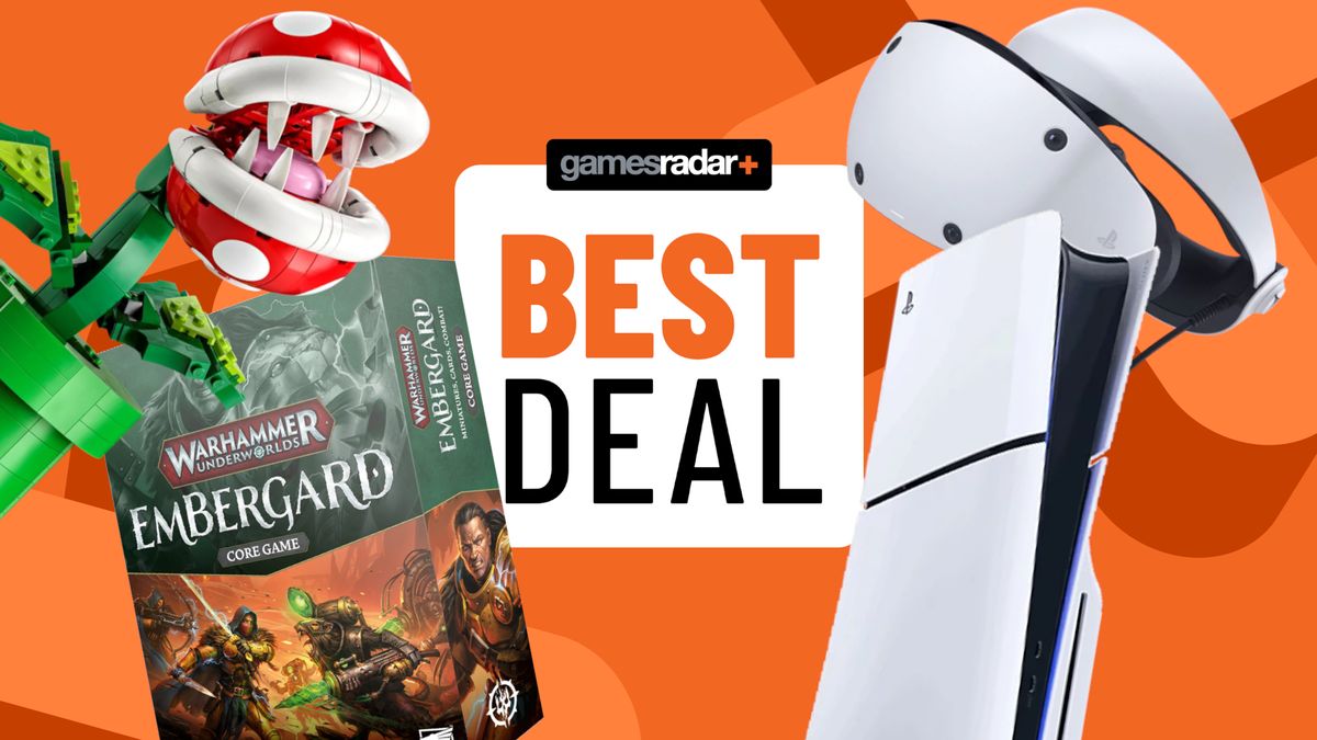 A Lego Piranha Plant, Warhammer Underworlds: Embergard box, PSVR 2, and PS5 Slim on either side of a &#039;best deal&#039; badge, all against an orange background