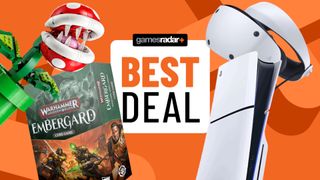 A Lego Piranha Plant, Warhammer Underworlds: Embergard box, PSVR 2, and PS5 Slim on either side of a 'best deal' badge, all against an orange background