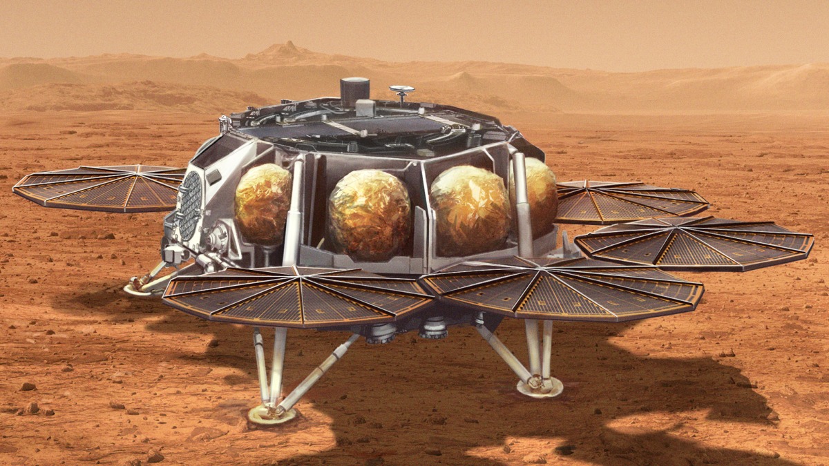 Esta ilustración muestra un concepto para un módulo de aterrizaje de recuperación de muestras propuesto por la NASA que llevaría un pequeño cohete (de unos 10 pies o 3 metros de altura) llamado Mars Ascent Vehicle a la superficie marciana.