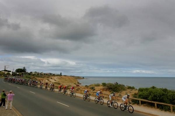 The riders speed along the South Australian coast.