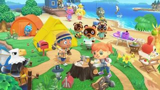 Official art for Animal Crossing: New Horizons, depicting a group of characters by the beach. 