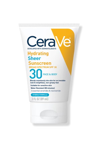 A bottle of CeraVe sunscreen against a white background.