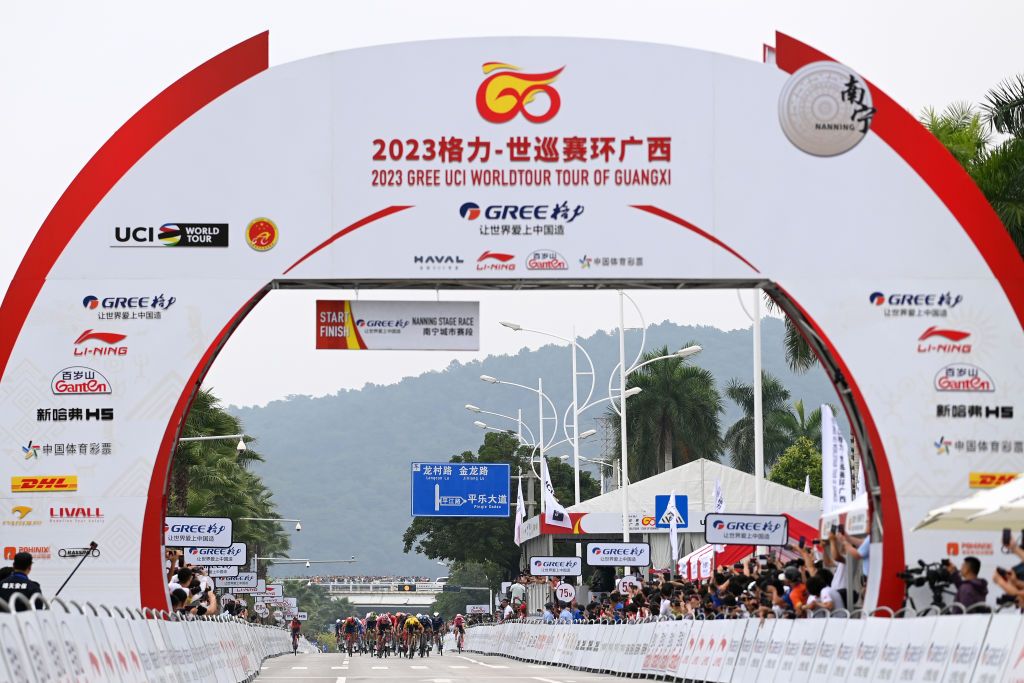 NANNING CHINA OCTOBER 14 LR Juan Sebastian Molano of Colombia and UAE Team Emirates stage winner Olav Kooij of The Netherlands and Team JumboVisma and Tobias Lund Andresen of Denmark and Team DSMFirmenich sprint at finish line during the 4th GreeTour of Guangxi 2023 Stage 3 a 1343km stage from Nanning to Nanning UCIWT on October 14 2023 in Nanning China Photo by Tim de WaeleGetty Images