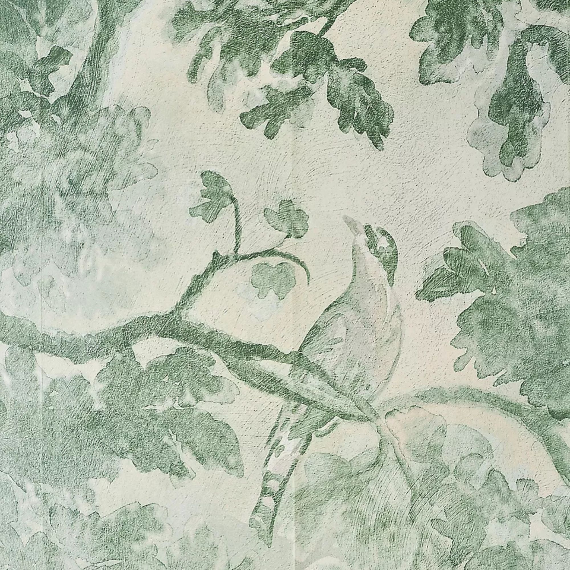 green mural wallpaper with bird and trees