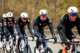 The pack of riders pictured in action during stage six of the 83th edition of the Paris-Nice cycling race, 209,8 km from Saint-Julien-en-Saint-Alban to Berre l'Etang, France, Friday 14 March 2025. BELGA PHOTO DAVID PINTENS (Photo by DAVID PINTENS / BELGA MAG / Belga via AFP)