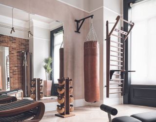 home gym ideas wood equipment and plaster walls