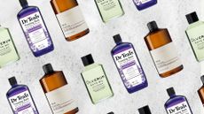 Collage of three of the best bubble baths featured in this guide from (left to right) Dr Teal's, VIEVE and Olverum, set at an angle and repeated against a bubbly backdrop