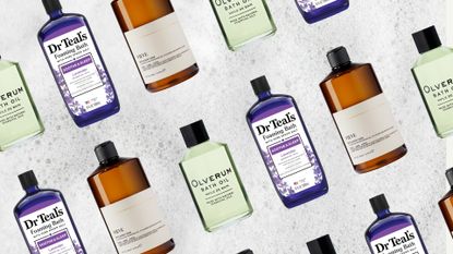 Collage of three of the best bubble baths featured in this guide from (left to right) Dr Teal's, VIEVE and Olverum, set at an angle and repeated against a bubbly backdrop