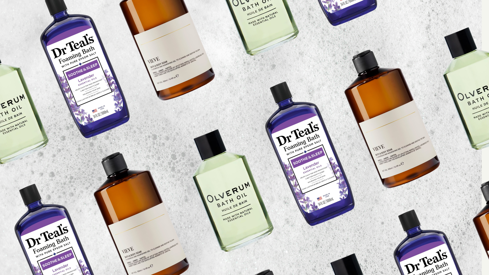 Collage of three of the best bubble baths featured in this guide from (left to right) Dr Teal's, VIEVE and Olverum, set at an angle and repeated against a bubbly backdrop