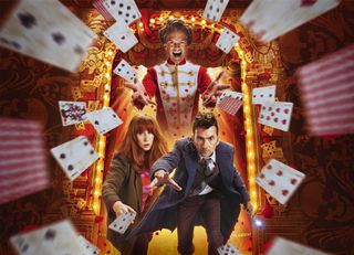 David Tennant as The Doctor, Catherine Tate as Donna Noble and Neil Patrick Harris as The Toymaker in a poster for the Doctor Who 60th anniversary