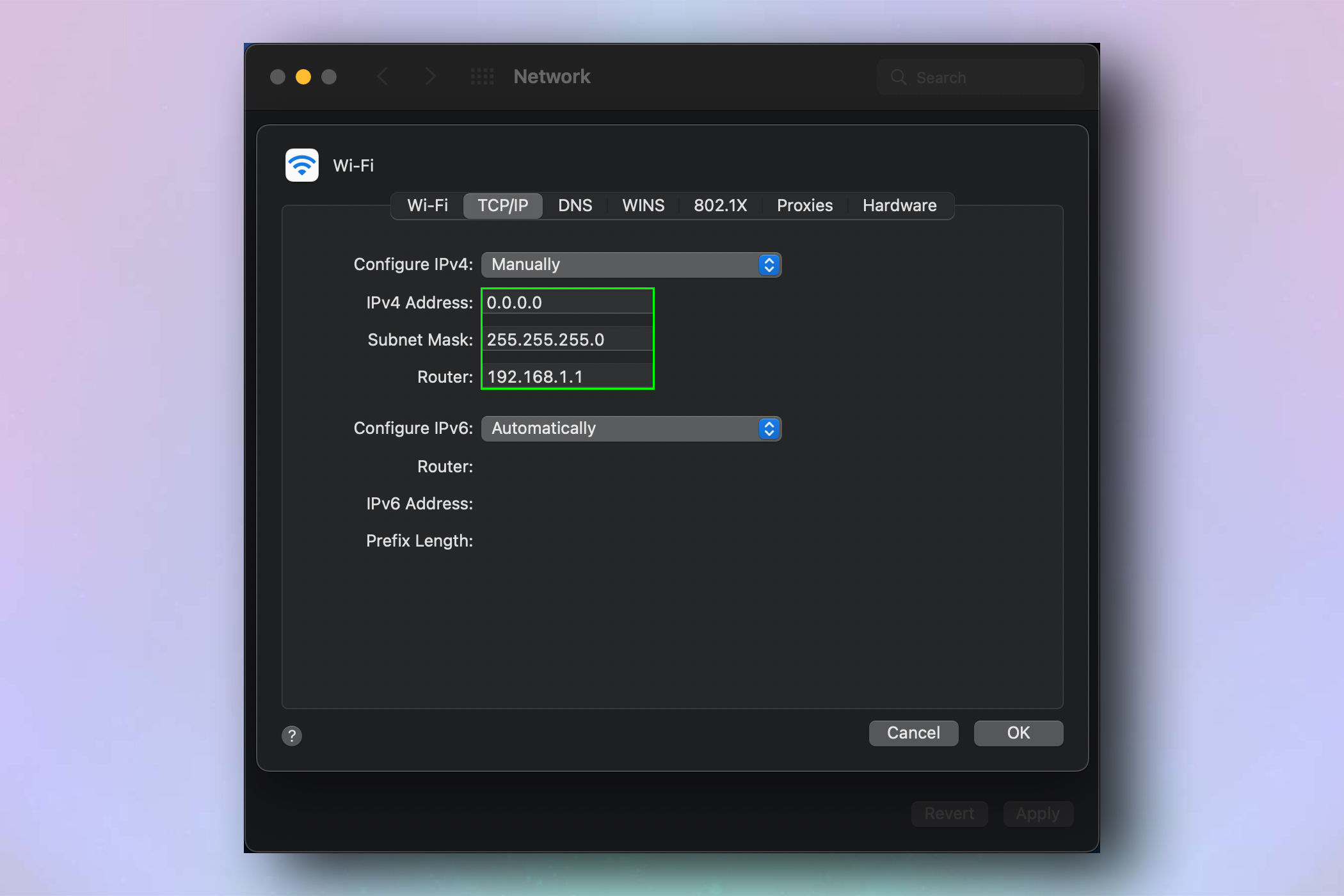 A screenshot demonstrating how to change IP address on a Mac