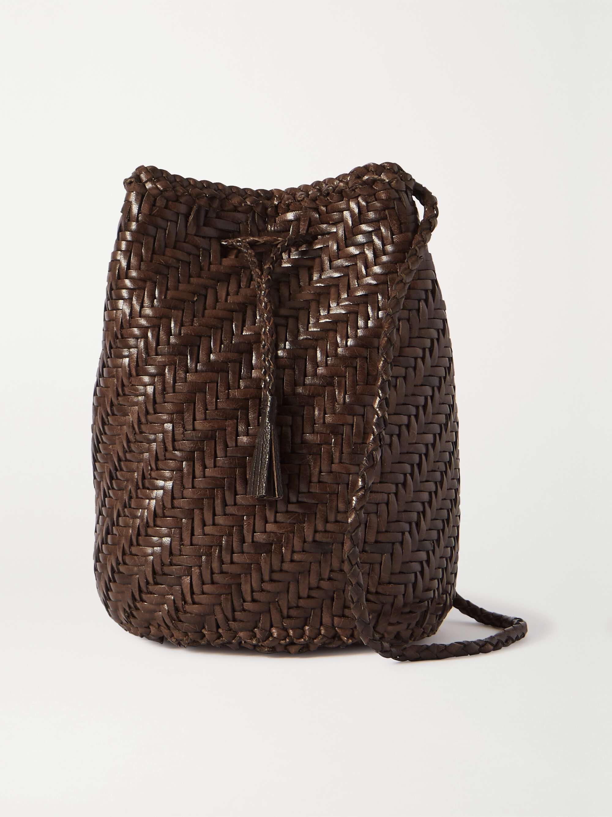 Pom Pom Double Jump Woven Leather Bucket Bag